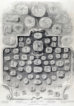 The largest diamonds in the world. Illustration of 1887. Engraving