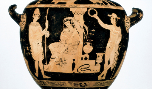 Ancient Greece: ceramic vase representing an episode of "Orestes" by Aeschylus (Orestes and Electra in front of their father's tomb, left, Pylade). 5th century BC.
