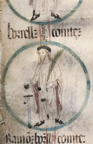 Gothic art: portrait of Borrell II (934-992), Earl of Barcelona. Miniature in “Genealogia de los Reyes de Aragon y Condes de Barcelona”. 14th-15th century.