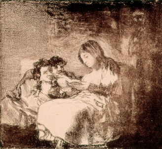 ""Une femme lit une histoire a deux enfants"" Lithographie de Francisco de Goya y Lucientes (1746-1828). 1819-1822. Madrid. Bibliotheque nationale