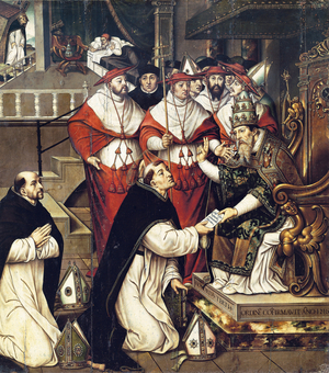 Honorius III (Cencio Savelli, pope from 1216 to 1227) confirming the Order of Saint Dominic. Painting by Cristobal Llorens (circa 1550-1616), 1571. Oil on canvas.