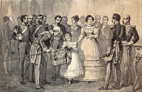 The future Queen of Spain Isabella II (Isabella of Bourbon) (1830-1904) (Isabel II of Espana) decorating the flag of the Spears of the Guard of the Order of Saint Ferdinand (San Fernando). Lithograph.