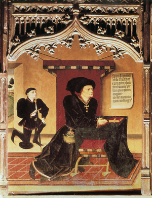 Portrait of Inigo Lopez de Mendoza, Marquis of SANTILLANA (1398-1458), Spanish lyrical poet. Collection of the Spanish Dukes. Painting by Jorge INGLES (15th century)