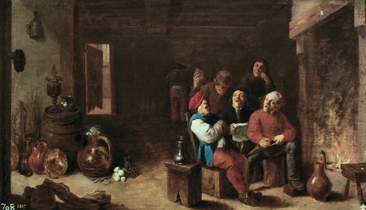 Singing in the kitchen. Painting by David Teniers II the Young (1610-1690). Oil on wood, circa 1633, Flemish art. Prado Museum, Madrid.