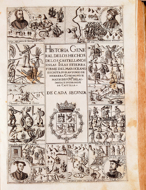 Frontispiece of "Historia generale de los hechos de los castellanos en las islas y tierra firme del mar Oceano" (General history of the facts of the Castilians on the islands and terra firma of the ocean), written by Antonio de Herrera y Tordesillas, 1605-1615 (engraving)