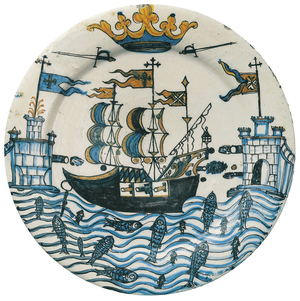 Decoree plate with drawings of galleon and castles topped with a crown, 16th-17th, from Talavera de la Reina, El Puente del Arzobispo, Spain (ceramic)