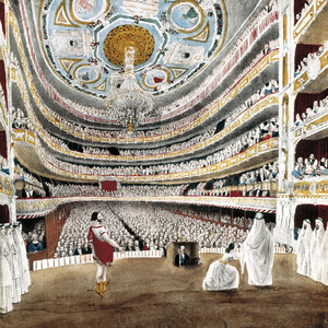 Performance of the opera Norma by Vincenzo Bellini, 1847,  in the Fran Teatre del Liceu, Barcelona (colour lithograph)