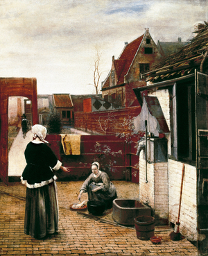 woman and her servant in a court,  1660-1661 (oil on canvas)