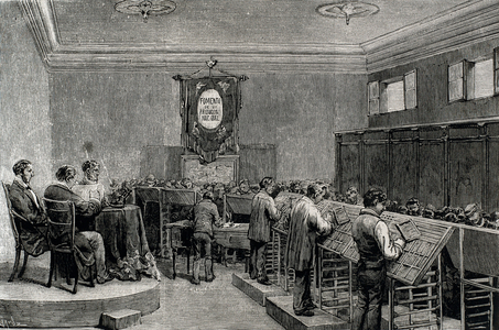 The first European typographic competition in Barcelona, May 30, 1878, published in the Spanish magazine "La Ilustracion Espanola y Americana", 19th century (engraving)