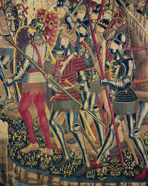 Conquete de Tanger (Maroc), par le roi Alfonso V du Portugal, dit l'africain (1432-1481): le debarquement des soldats portugais en 1478. Detail de la tapisserie de Pastrana, fin 15e siecle. Cathedrale de Pastrana, Espagne.