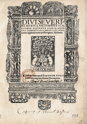 Frontispiece of “De Arithmetica” by Latin philosopher and politician Boece or Anicius Manlius Severinus Boethius (Boetius) (480-524). 1488 (miniature)