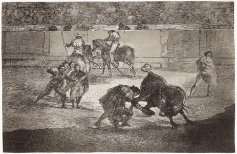 Bullfighting: a bullfighter enters the arena to kill the bull with a hat instead of the muleta, 1816 (etching)
