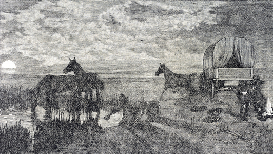 United States (nineteenth century). Traveling west in America. Colonists resting during the trip. Illustration 1887. Engraving