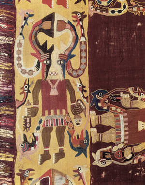 Pre-Columbian civilization: ceremonial officiant wearing a mask. 300-100 BC. Tapestry from Ica in Peru. National Museum of Archaeology of Lima, Peru.