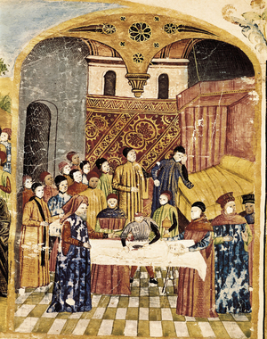 Dissection du cadavre du roi Alexandre le Grand (356-323 av. JC). Miniature tiree de ""Livre des Faits d'Alexandre le Grand"" par Quintus Curtius Rufus (1er siecle), 15eme siecle. Reims. Bibliotheque Municipale.