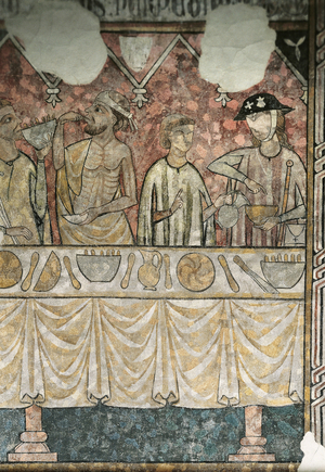 Meal scene in the refectory of the Pelerins, detail, from the cathedral of Lleida, 14th century (fresco)