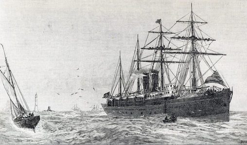 England (19th century). The new orient line steamship Ormuz on the voyage home from Australia,1887 (engraving)