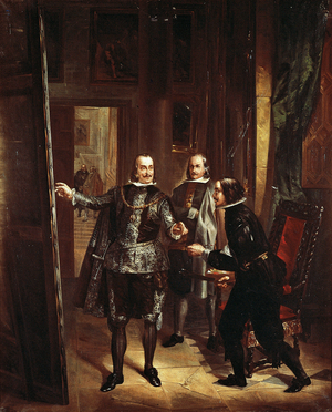 King Philip IV of Spain (1606-1665) painted the cross of St James for a painting by Diego Velasquez (or Velazquez) (1599-1660), early 19th century (painting)