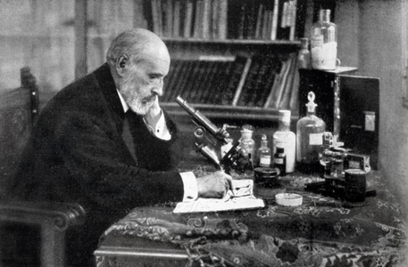 Portrait of Santiago Ramon y Cajal (1852-1934), Spanish doctor, father of neuroscience in his laboratory (b/w photo)
