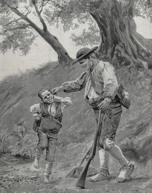 Hunting has thrush. Being soul like a thrush: like the bird, the child eats a lot of grapes during the harvest is completely drunk (engraving)