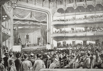 First Congress of Spanish Workers in 1870 in Barcelona, 19th century (engraving)