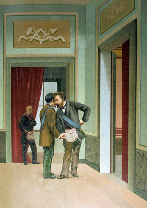 Masonry (19th century). Act to examine a new member or a member of another lodge. Illustration of 1889.