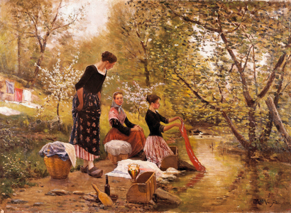 "The Washerwomen" Painting by Joaquim Vayreda i Vila (1843-1894). 1883