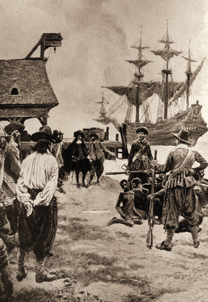 Slavery: unloading slaves from a Dutch ship in Jamestown, Virginia, United States, 19th century (engraving)