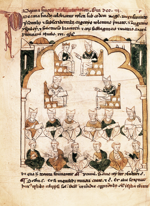 “Primaute of the Church of Tolede” Council of Tolede (6th - 7th century) (Primacia de la Iglesia Toledana), 13th (miniature)