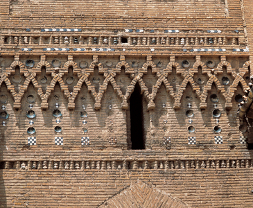Architecture: architectural detail of the Tower of San Martin (Saint Martin) in the Church of the same name, Teruel, Spain. 1315-1316