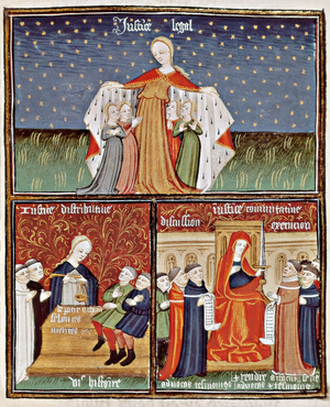 Allegory of justice, miniature from the manuscript 'Nicomachean Ethics' of the Greek philosopher Aristotle (384-332 BC), 15th century (illuminated manuscript)