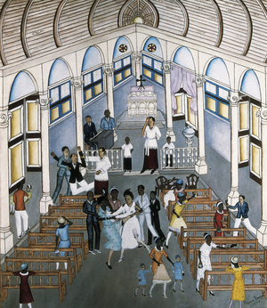 The interrupted wedding': a fight between two women breaks out in a church during a wedding, 1966 (oil on canvas)