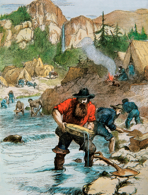 History of the United States: Gold rush in California. Searchers of gold pebbles in the rivers. 1849. Engraving in colour.
