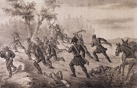 Spanish Civil Guards pursuing smugglers, from "Glorioso combate entre dos Guardias Civiles y una partida de 27 a 30 contrabandistas", 1858 (b/w litho)