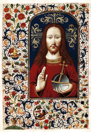 The blessing Christ. He holds in his left hand a globe surmounted by a cross, Miniature painted in the Book of Hours of Leonor de la Vega, ca. 1465-1470 (illuminated manuscript)