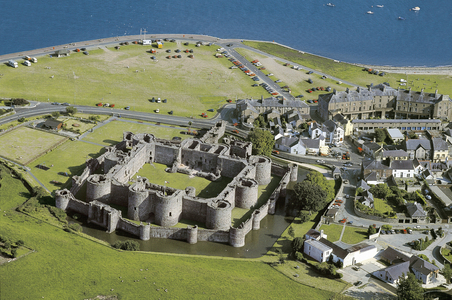 Aerial view of Beaumaris castle (13th century) in Gwynedd in Wales, Great Britain.