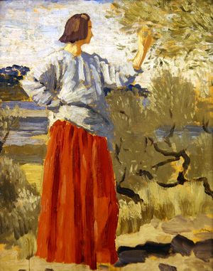 Dorelia in red skirt and blue blouse (oil on canvas)