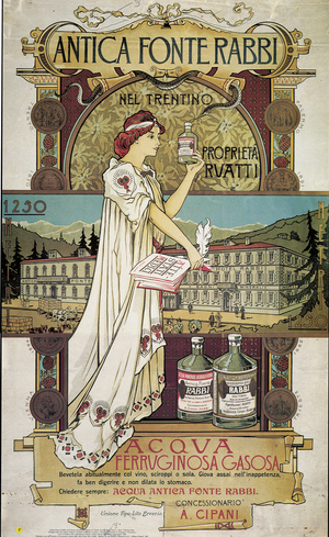 Poster advertising medicinal water from the 'Antica Fonte di Rabbi nel Trentino' (lithograph)