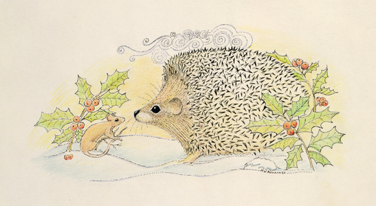 Mr. Hedgehog meets Mr. Mouse in the Snow (pen & ink and watercolour on paper)
