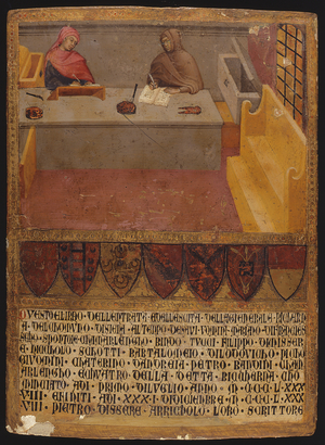 Chief Financial Officer and Scribe at their desk in the Biccherna (revenue office)  (tempera on panel)