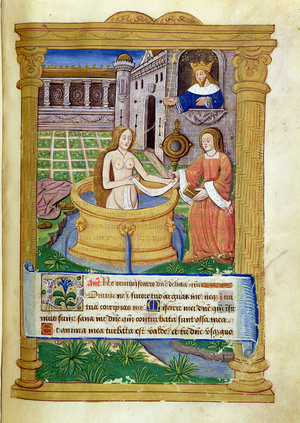 Temptation of King David, watching Bathsheba from his balcony, 16th century (vellum)