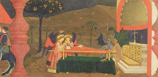 Predella of the Profanation of the Host: The Body of the Jewish Pawnbroker Guarded by Angels and Devils, c.1468 (tempera on panel) (detail)