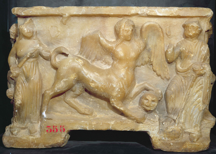 Funerary urn depicting Oedipus and the Sphinx (alabaster)