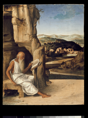 St. Jerome Reading in a Landscape (oil on panel)