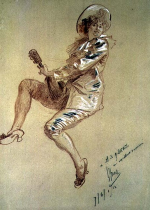 Seated Pierrette, playing the Mandolin, 1912 (chalk on paper)