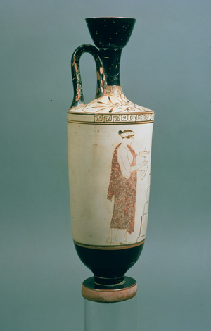 Attic white-ground lekythos decorated with a woman holding a vessel for perfume and an alabastron, from Laurium, Attica, (ceramic) (for recto see 104792)
