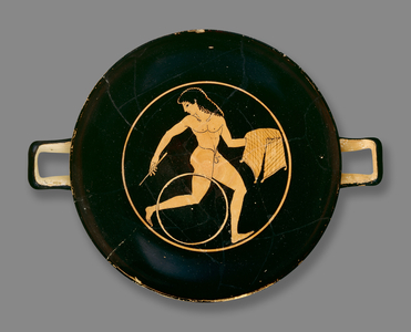 Attic red-figure cup decorated with a boy carrying a plate of food and rolling a hoop, found at Chiusi, Italy, c.500 BC (ceramic)