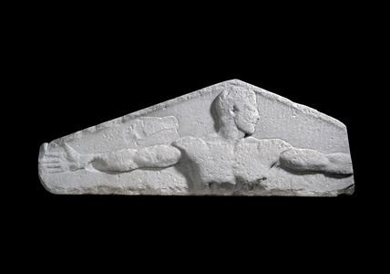 Metrological relief giving a standard length of a fathom (youth's outstretched arms) and a foot, 460-450 BC (marble)