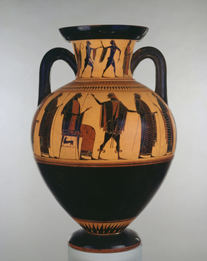 Attic black-figure amphora decorated with scenes of Zeus and Hermes, by the Affecter Painter, c.540-525 BC (ceramic)