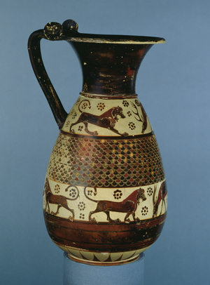 Transitional Protocorinthian-Corinthian olpe decorated with an animal frieze, from Camirus, Rhodes, c.640-625 BC (ceramic)